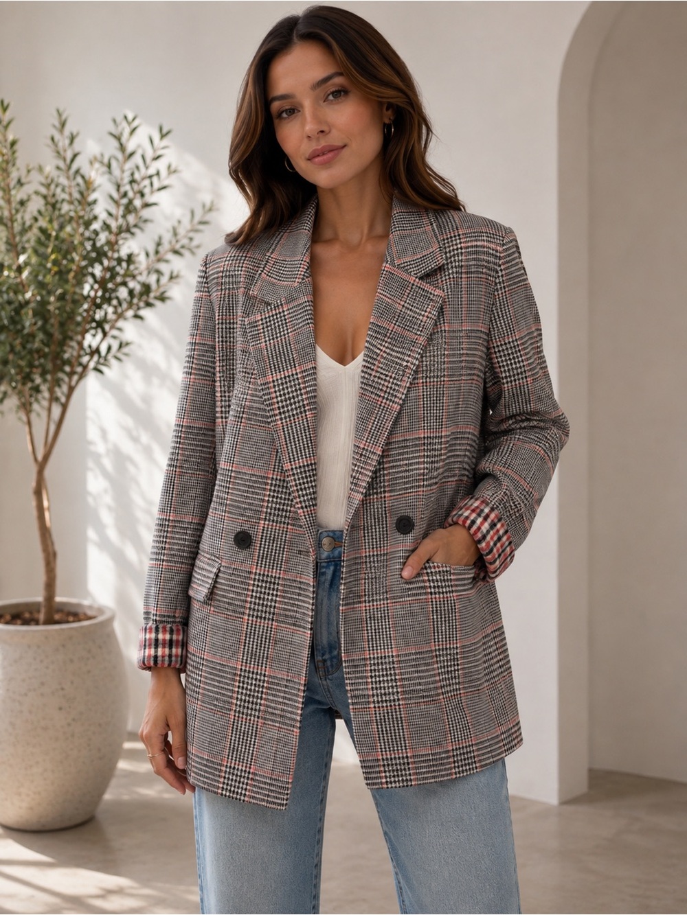 Zara TRF Checked Plaid Oversized Blazer Jacket - Gray with Pink Accents
